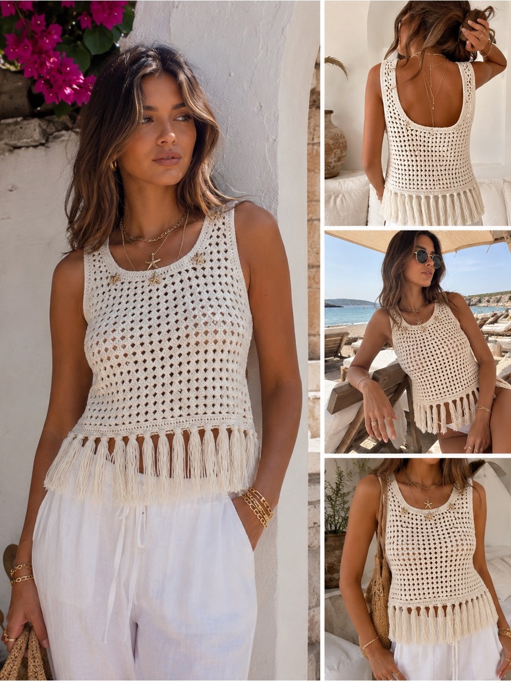 Generation Love Embellished Crochet Fringe Tank in Cream NWT